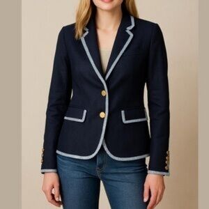 J. Crew Collection Schoolboy Linen Tipped Navy Blue Blazer Size 4